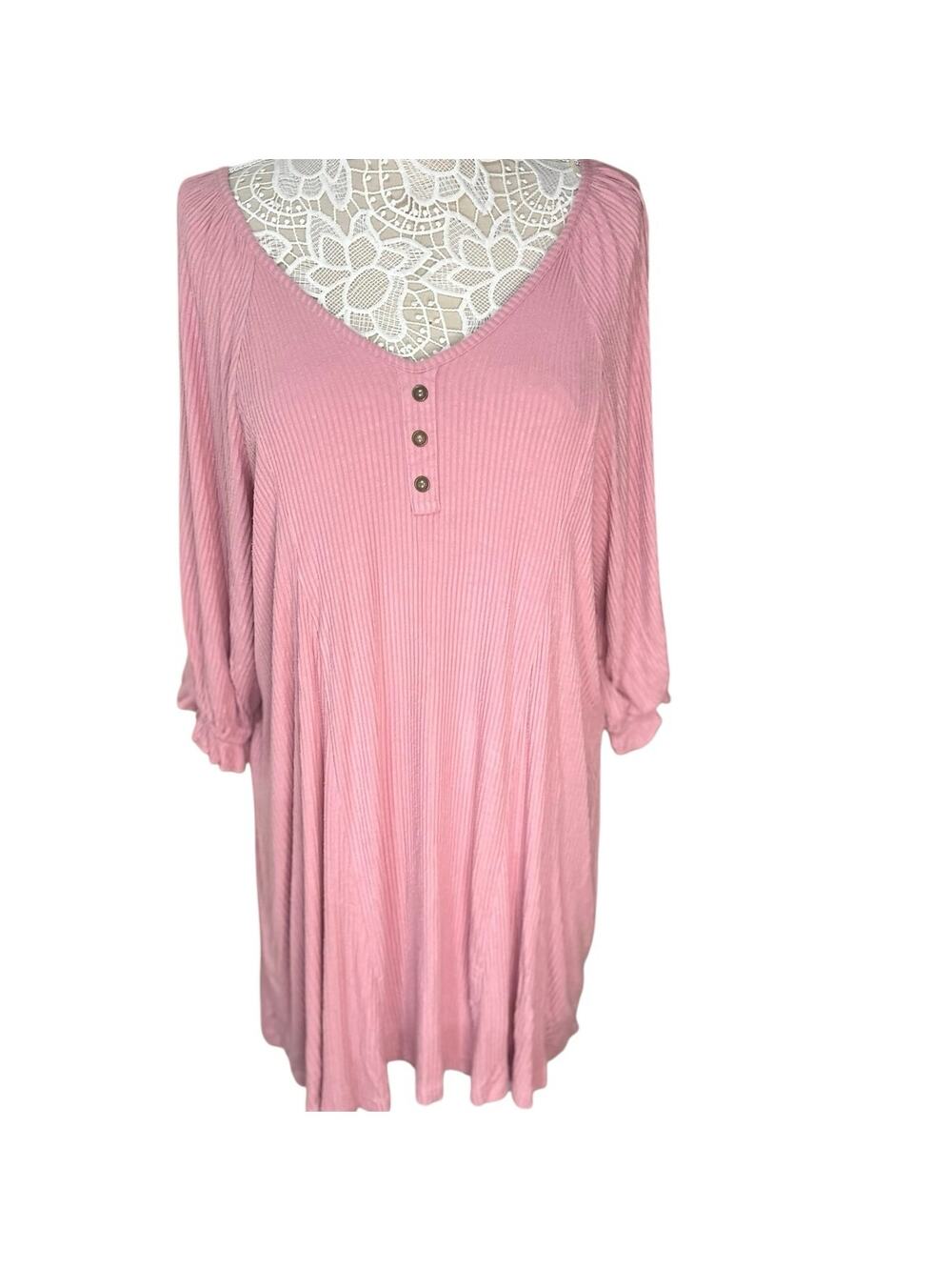 Umgee Women's Dusty Pink Ribbed Henley Mini Dress - Size Medium- Cottagecore